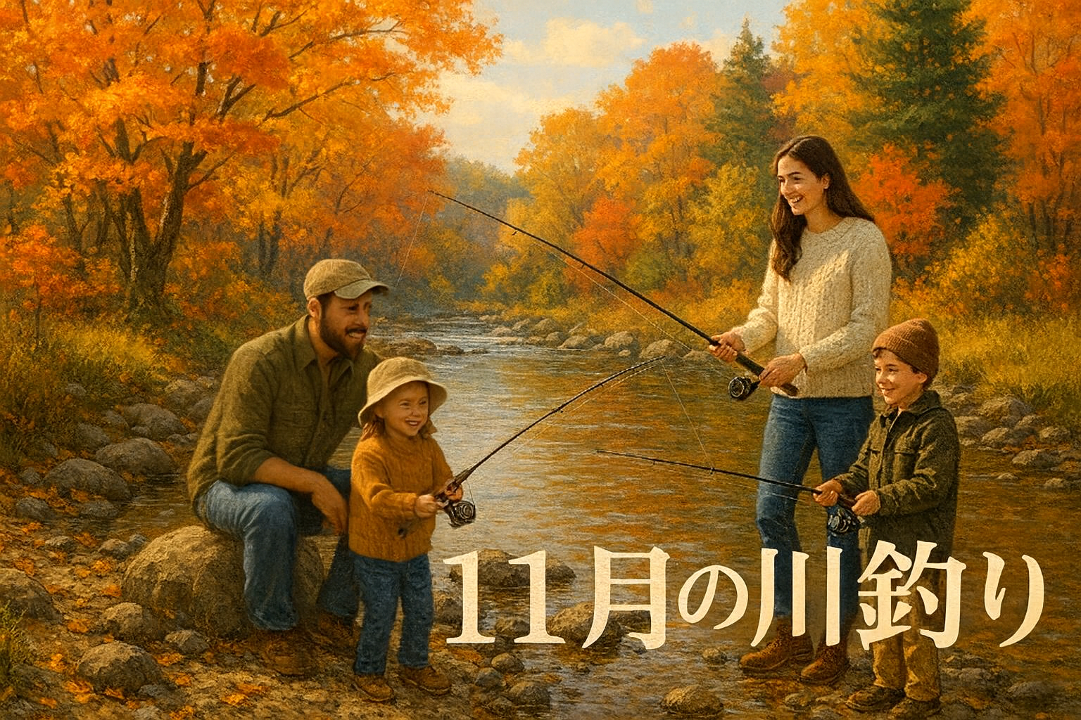 11月に家族連れが川で釣りをしている風景のイラスト