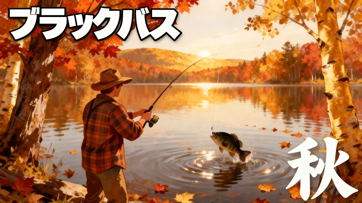 秋のバス釣り風景のイラスト