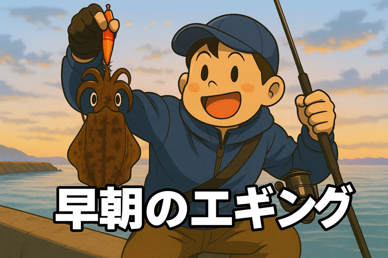 早朝にエギングでイカを釣っているイラスト