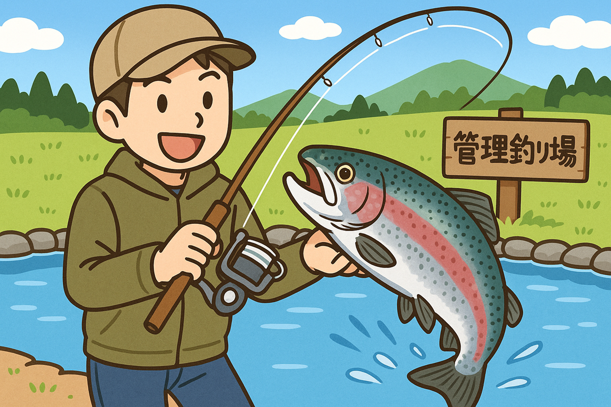 管理釣り場でニジマスを釣っているイラスト