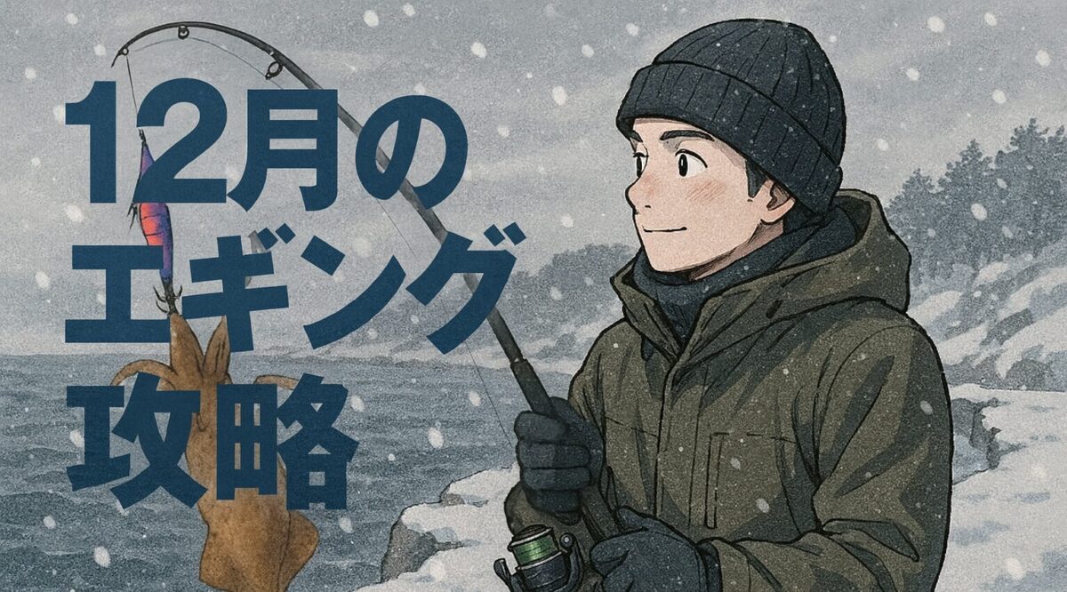 冬にエギングをしているイラスト