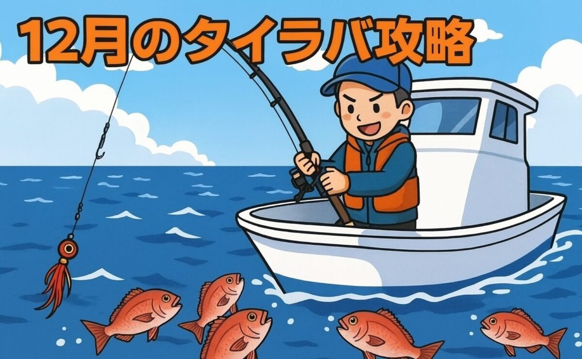 船に乗ってタイラバで鯛を釣っているイラスト