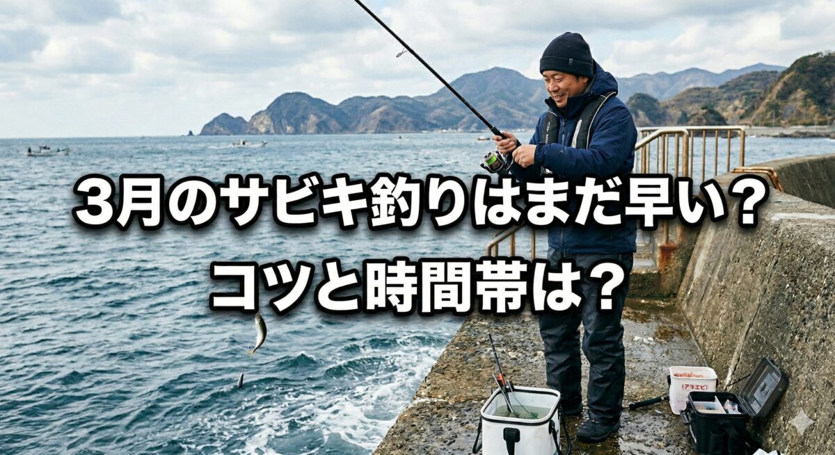 3月に堤防でサビキ釣りをしている画像
