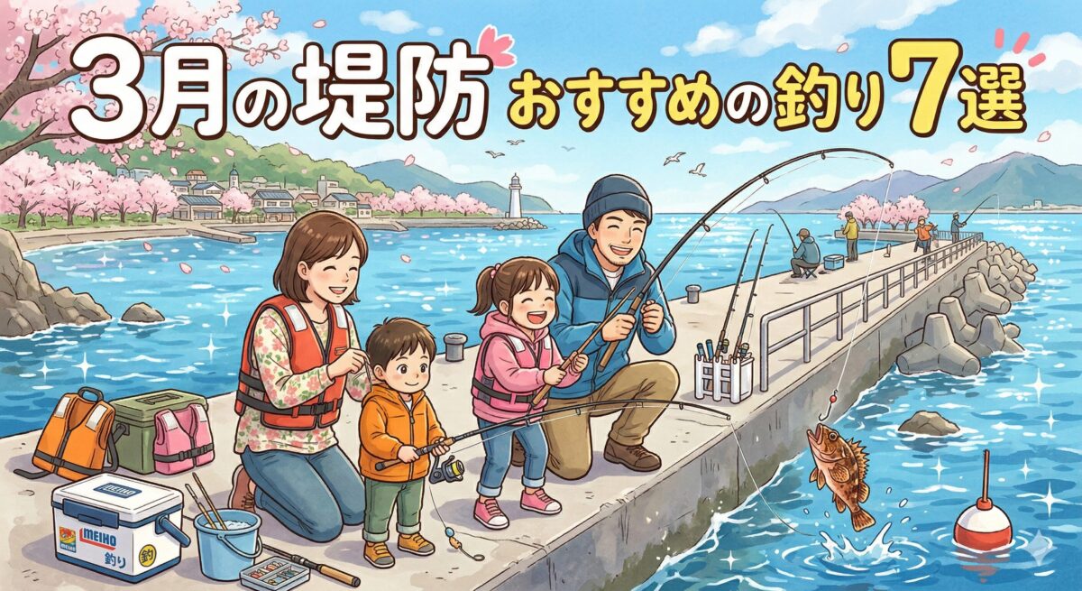 3月に堤防で釣りをしているファミリーのイラスト