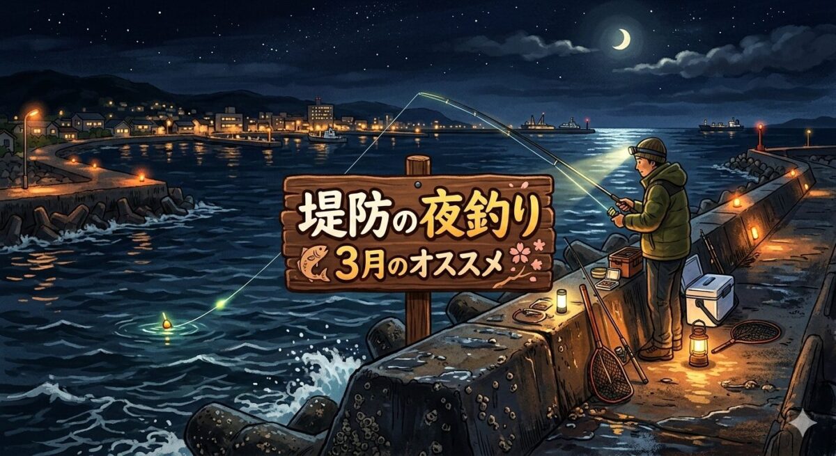 堤防で夜釣りをしているイラスト